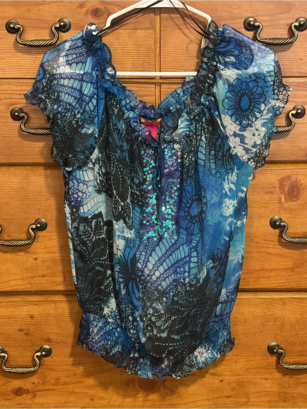 Sunny Leigh Blue & Black Floral Lace-Effect Sequin Blouse